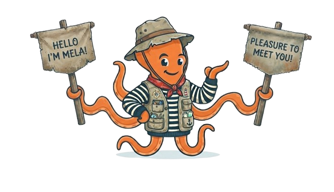 Mela the octopus paddling a kayak, the MelaKayak mascot